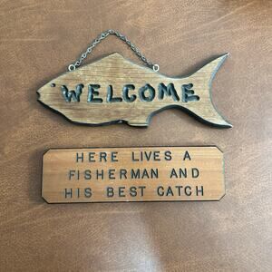 Fishing Wooden Hanging Plaques Lot of 2 Man Cave Gone Fishing Welcome Best Catch